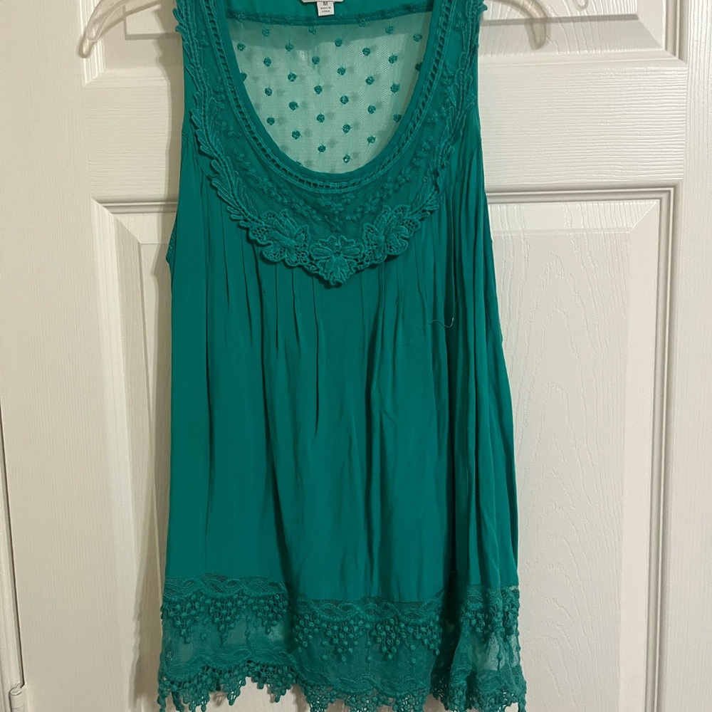 Charming Charlie Green Embellished Ruffled Tank Top